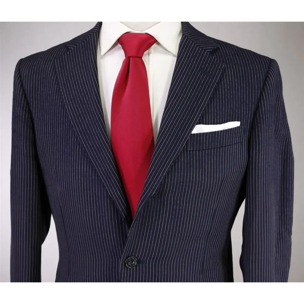Richard James Savile Row Navy Blue Thin Striped British Wool 3/2 Lapel Suit 38R